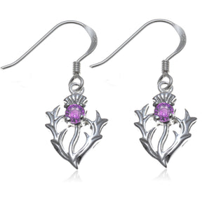Sterling Silver Scottish Thistle Real Amethyst Earrings 12mm x 10mm Drop Earrings with Jewellery Gift Box - Scottish Gifts for Women Girls Teens