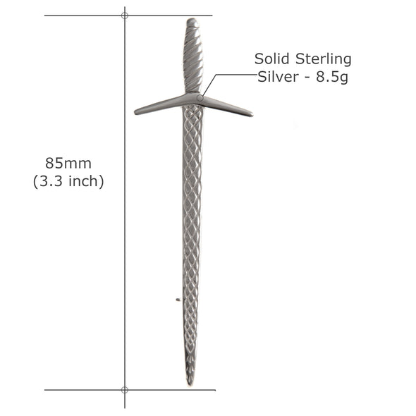 Sterling Silver Scottish Celtic Sword Kilt Pin Brooch for Men & Women - Kilt Accessory with Jewellery Gift Box - 85mm