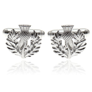 Sterling Silver Scottish Thistle Cufflinks for Men - Scottish Gift Cuff Links with Jewellery Gift Box - 15mm x 14mm