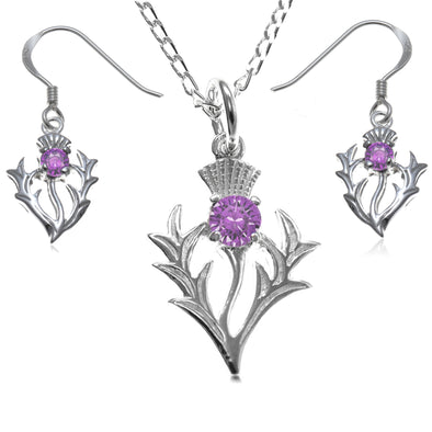 Women's Jewellery Sterling Silver Thistle Real Amethyst Necklace and Earring Set - Scottish Gifts for Women Girls Teens with Jewellery Gift Box - Drop Thistle Earrings