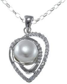Sterling Silver Pearl & Faux Diamond Heart Pendant Necklace With 18" Chain