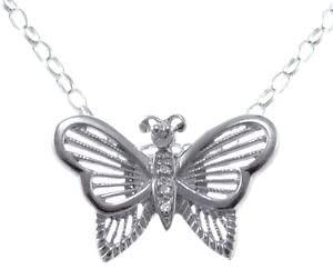 Sterling Silver & Diamond Butterfly Pendant Necklace With 18" Chain