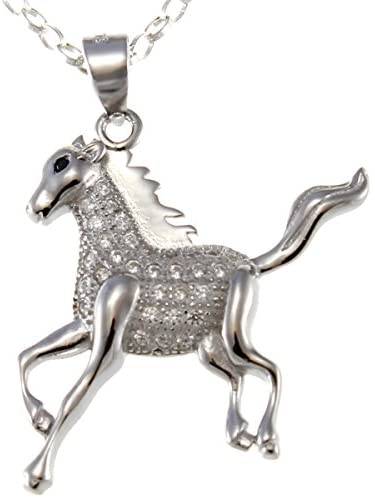 Sterling Silver & CZ Running Horse Pendant Necklace With 18" Chain