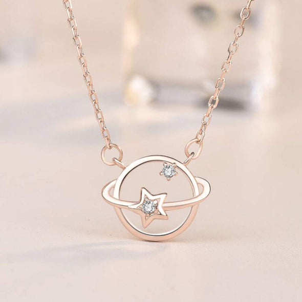 Rose Gold Plated Sterling Silver Star and Planet Saturn Pendant Necklace Fashion Jewellery with adjustable 16 to 18 inch chain and gift box. Great for Valentine's Day Christmas Birthday Anniversary