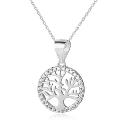 Sterling Silver CZ Tree of Life Celtic clear stone Pendant Necklace with 18" silver Chain & Jewellery Gift Box. Womans Yggdrasil Crann Bethadh gift with silver chain.