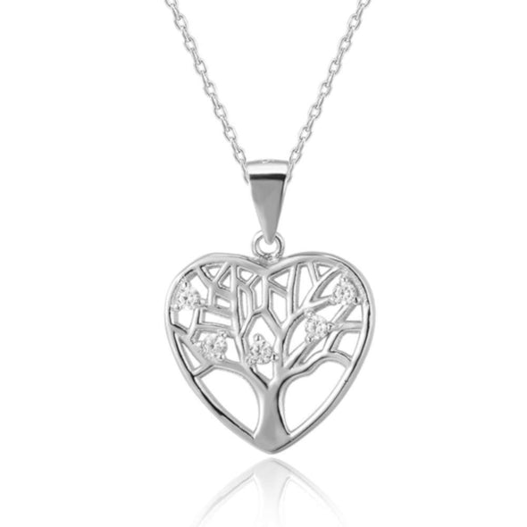 Sterling Silver CZ Heart Tree of Life Celtic clear stone Pendant Necklace with 18" silver Chain & Jewellery Gift Box. Womans Yggdrasil Crann Bethadh gift with silver chain.