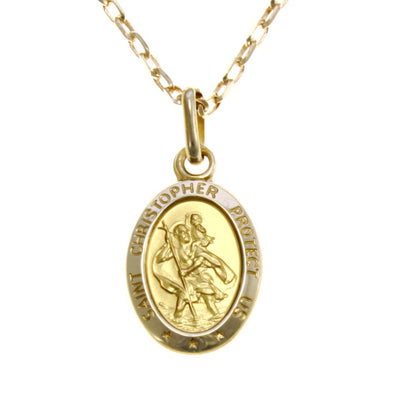 Alexander Castle Small 9ct Gold St Christopher Pendant Medal Necklace with 18" Chain and jewellery gift box - 'SAINT CHRISTOPHER PROTECT US' is embossed around the pendant - 1.0g