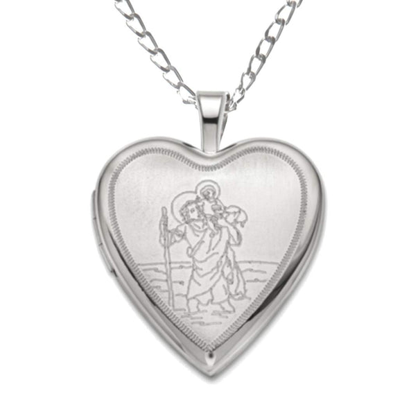 Sterling Silver St Christopher Heart Locket Pendant Necklace with 18" Chain & Jewellery Gift Box