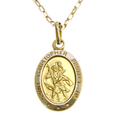 Alexander Castle 9ct Gold St Christopher Pendant Medal Necklace with 18" Chain and jewellery gift box - 'SAINT CHRISTOPHER PROTECT US' is embossed around the pendant - 1.6g
