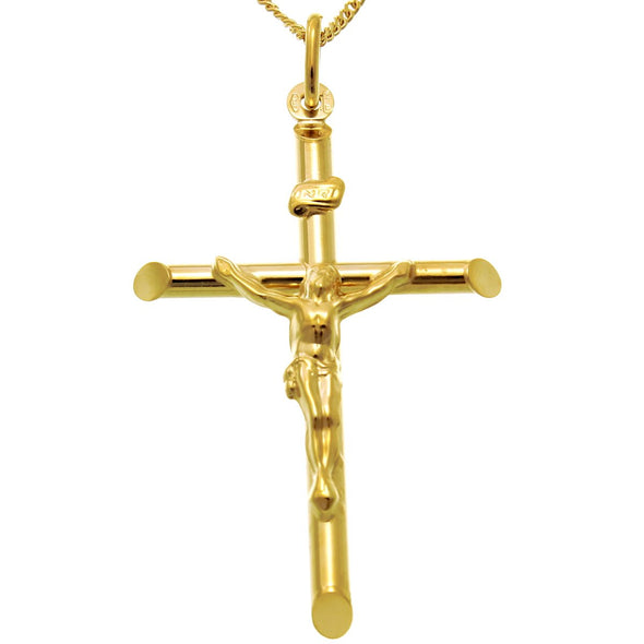 Large 9ct Gold Crucifix Cross Pendant Necklace With 18" Chain & Jewellery Gift Box