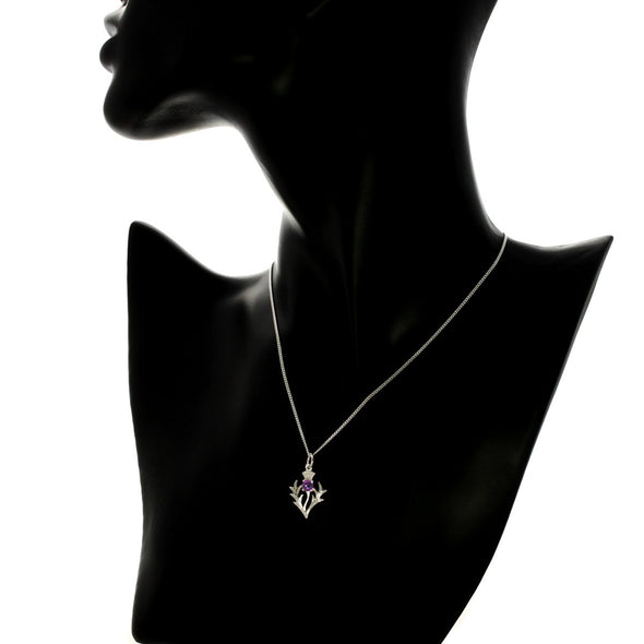 Sterling Silver Amethyst Thistle Pendant - Scottish Necklace with 18" Chain and jewellery gift box