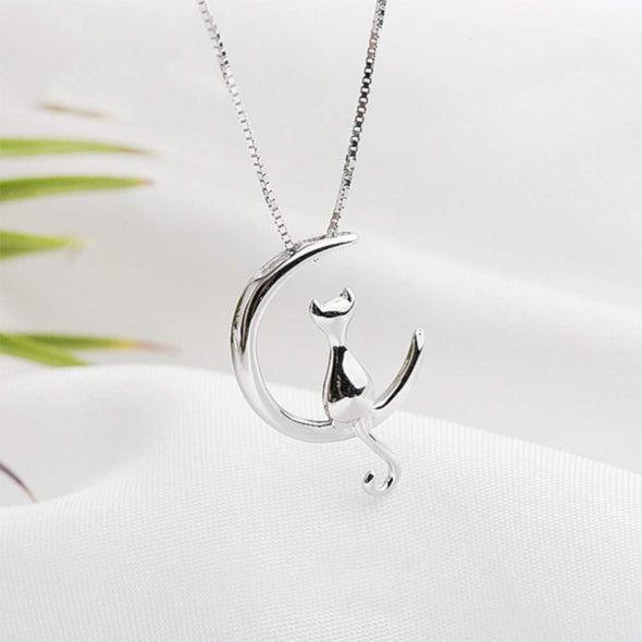 Sterling Silver Cat sitting in the moon necklace with adjustable chain and jewellery gift box