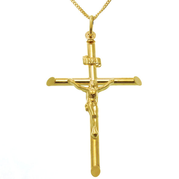 Large 9ct Gold Crucifix Cross Pendant Necklace With 18" Gold Chain & Jewellery Gift Box