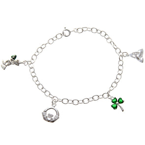 Sterling Silver Celtic Irish Charm Bracelet Leprechaun Claddagh Shamrock Trinity Knot - 7.5" St Patricks Day Bracelet with Jewellery Presentation Gift Box