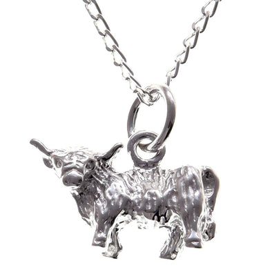 Sterling Silver Highland Cow Pendant Necklace with 18" chain and Jewellery Gift Box