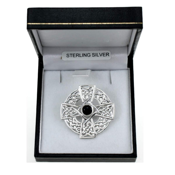 Alexander Castle Sterling Silver Celtic Brooch with Black Stone Centre and Jewellery Gift Box