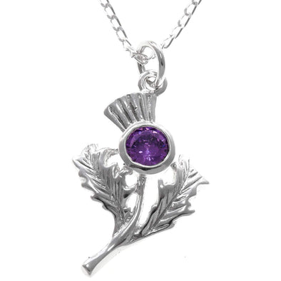 Sterling Silver and Amethyst Thistle Pendant necklace with 18" Chain and jewellery gift box