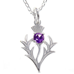 Sterling Silver Scottish Thistle & Real Amethyst Pendant Necklace 20mm x 16mm Pendant with 18" Silver Chain & Jewellery Gift Box - Scottish Gifts for Women