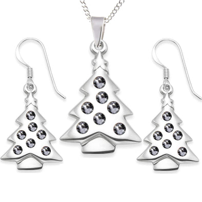 Alexander Castle Sterling Silver Christmas Tree Necklace and earrings with Cubic Zirconia in Jewellery Gift Box. Adjustable 14" or 16" curb chain suitable for ladies or girls - Great stocking filler