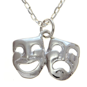 Sterling Silver Theatrical Comedy & Tragedy Masks Pendant Necklace with 18" Silver Chain & Jewellery Gift Box - Musical Theatre Gift for Women