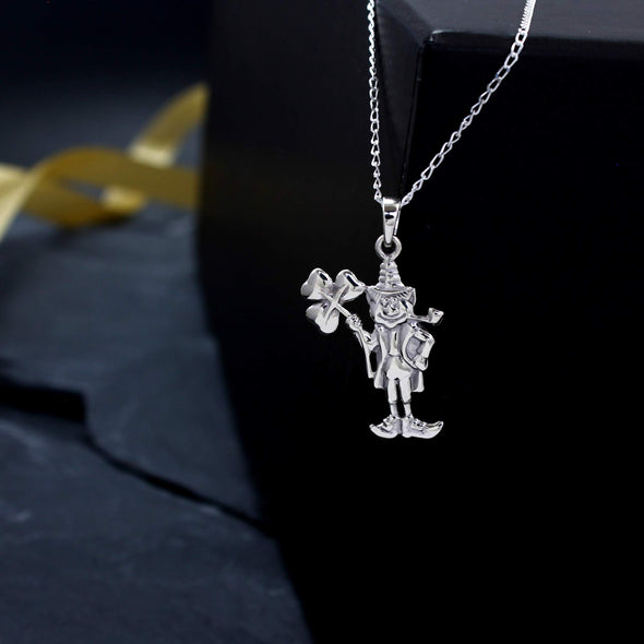 Sterling Silver Irish Leprechaun with Shamrock Pendant Necklace with 18" Chain and gift box. Great woman's gift for Christmas or Birthday's