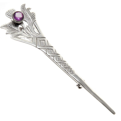 Sterling Silver Thistle Kilt Pin With Amethyst Centre with Jewellery Gift Box