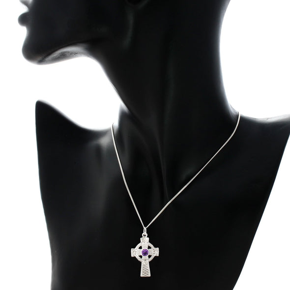 Alexander Castle Sterling Silver and Amethyst Celtic Cross Pendant Necklace with 18" Silver Chain and Jewellery Gift Box.