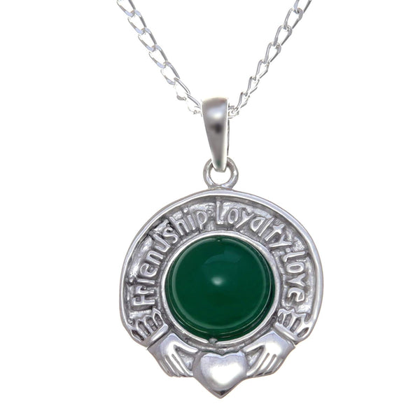Sterling Silver Green Stone Luckenbooth Pendant Necklace with 18" Chain and Jewellery Gift Box. Engraved with 'Friendship Loyalty Love'