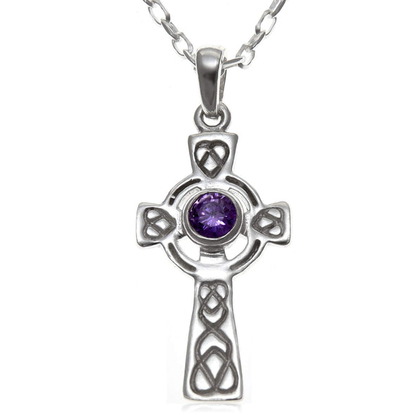 Scottish Jewellery Shop Sterling Silver and Amethyst Celtic Cross Pendant with 18" Silver Chain