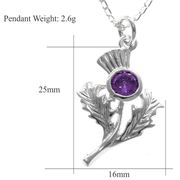 Sterling Silver and Amethyst Thistle Pendant necklace with 18" Chain and jewellery gift box