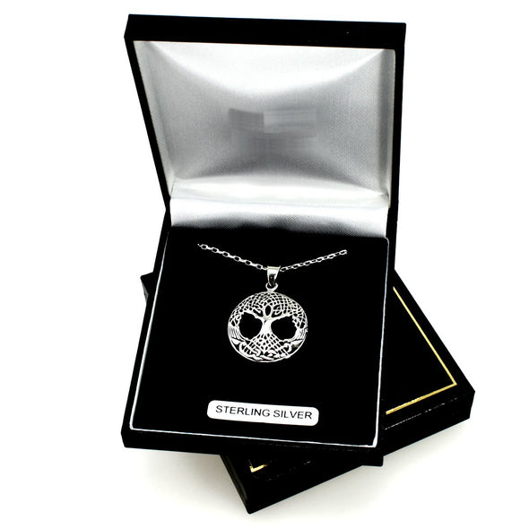 Sterling Silver Tree of Life Celtic Pendant Necklace with 18" silver Chain & Jewellery Gift Box. Womans Yggdrasil Crann Bethadh gift with silver chain.