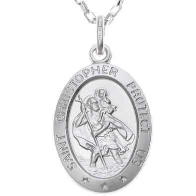 Oval Sterling Silver St Christopher Pendant Necklace with 18" Chain and Jewellery Gift Box - 28mm x 15mm