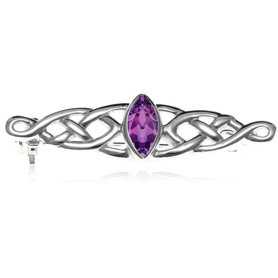 Sterling Silver Celtic Brooch with Purple cubic zirconia and Jewellery Gift Box