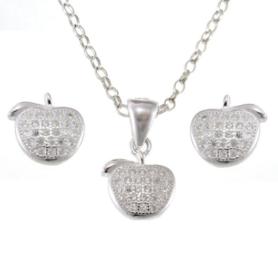 Women's Jewellery Sterling Silver Apple Pendant and Earrings Set with Jewellery Box