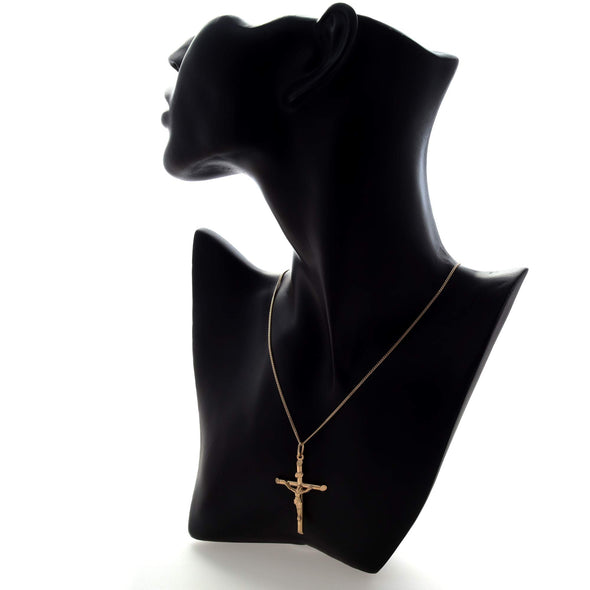 Large 9ct Gold Crucifix Cross Pendant Necklace With 18" Chain & Jewellery Gift Box