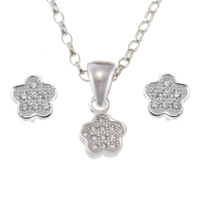 Children's Sterling Solid Silver Flower Pendant and Earrings Jewellery Set with Jewellery box