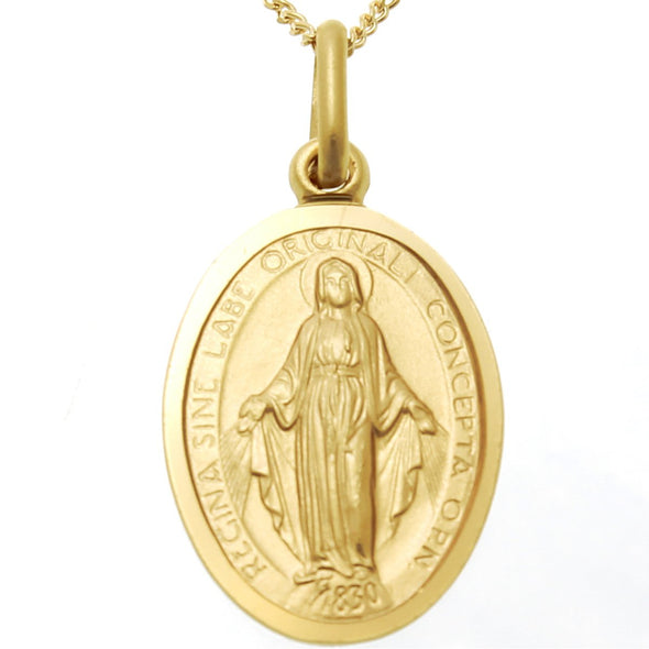 9ct Gold Miraculous Medal Pendant - Matt Finish 18mm with 9ct Gold Chain & Jewellery Presentation Box