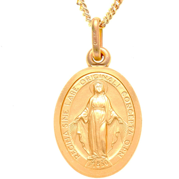 9ct Gold Miraculous Medal Pendant - Matt Finish 16mm with 18" 9ct Gold Chain and Jewellery Gift Box