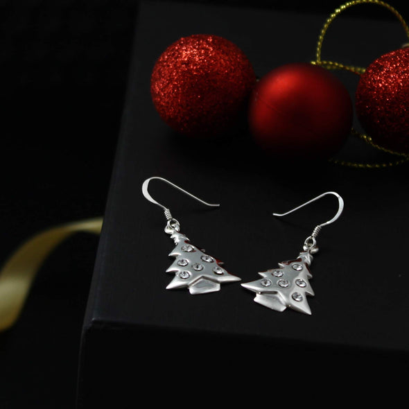 Alexander Castle Sterling Silver Christmas Tree Necklace and earrings with Cubic Zirconia in Jewellery Gift Box. Adjustable 14" or 16" curb chain suitable for ladies or girls - Great stocking filler