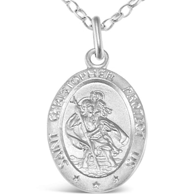 Oval Sterling Silver St Christopher Pendant with 18" Chain - 24mm x 12mm with Jewellery presentation box
