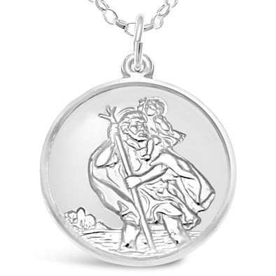 Sterling Silver St Christopher Medal with 18" Chain - Plane, Boat and Car on Back