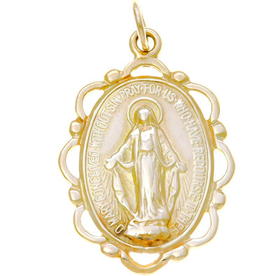 9ct Gold Filigree Madonna Miraculous Medal Pendant with Jewellery Presentation Box