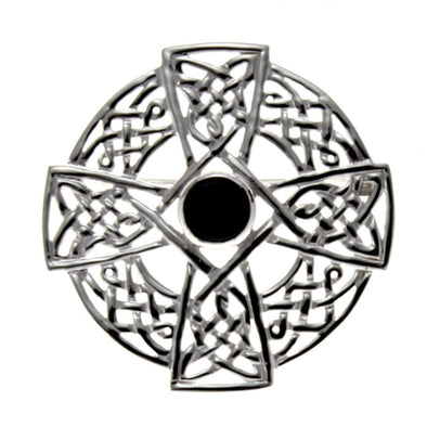 Alexander Castle Sterling Silver Celtic Brooch with Black Stone Centre and Jewellery Gift Box
