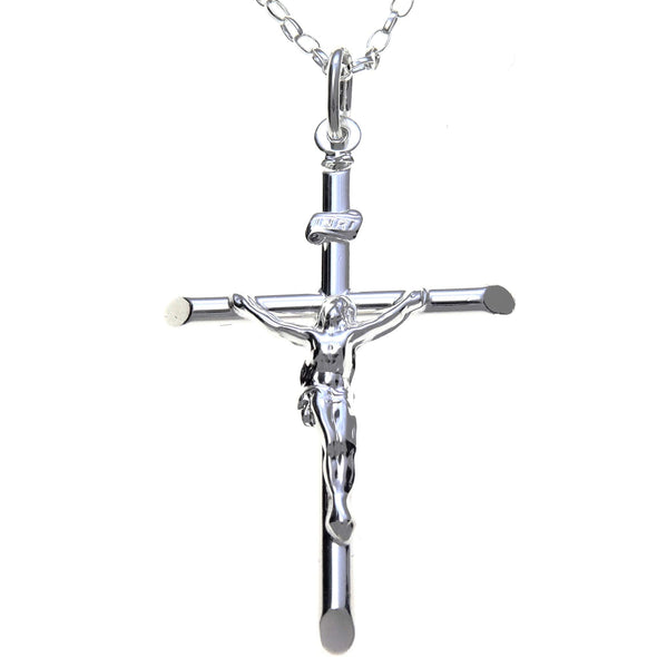 Large Sterling Silver Crucifix Cross Pendant Necklace With 20" Silver Chain & Jewellery Gift Box