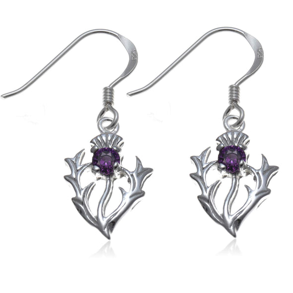 Sterling Silver Amethyst Thistle Pendant and Earrings Scottish Gift Set