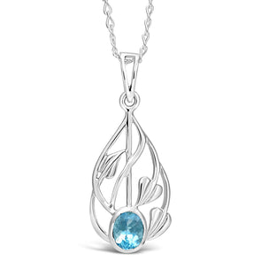Sterling Silver & Blue Topaz Charles Rennie Mackintosh Necklace for Women Teens Girls with 18" Silver Chain & Jewellery Gift Box - 23mm x 11mm