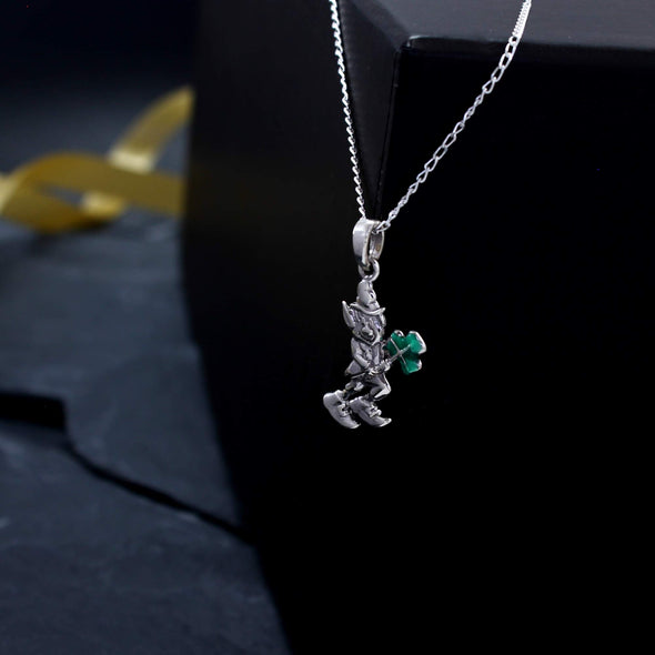 Sterling Silver Leprechaun Irish Celtic Pendant Necklace and Earring Gift Set with Jewellery Gift Box