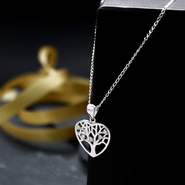 Sterling Silver CZ Heart Tree of Life Celtic clear stone Pendant Necklace with 18" silver Chain & Jewellery Gift Box. Womans Yggdrasil Crann Bethadh gift with silver chain.