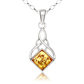 Sterling Silver & Amber Celtic Pendant Necklace for Women - Celtic Jewellery with 18" Silver Chain & Jewellery Gift Box - 22mm x 12mm