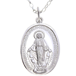 Large 925 Sterling Silver Miraculous Medal Catholic Necklace - 32mm x 18mm Polished Miraculous Medal with 20" Silver Chain & Jewellery Gift Box